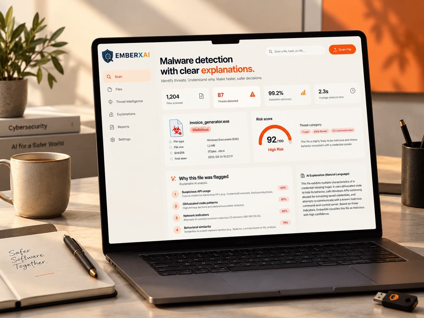 EmberXAI dashboard on a laptop explaining why a file was flagged as malware